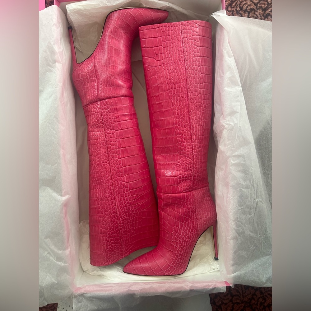 Paris Texas Pink Croc-Embossed Knee High Boots with Stiletto Heel.